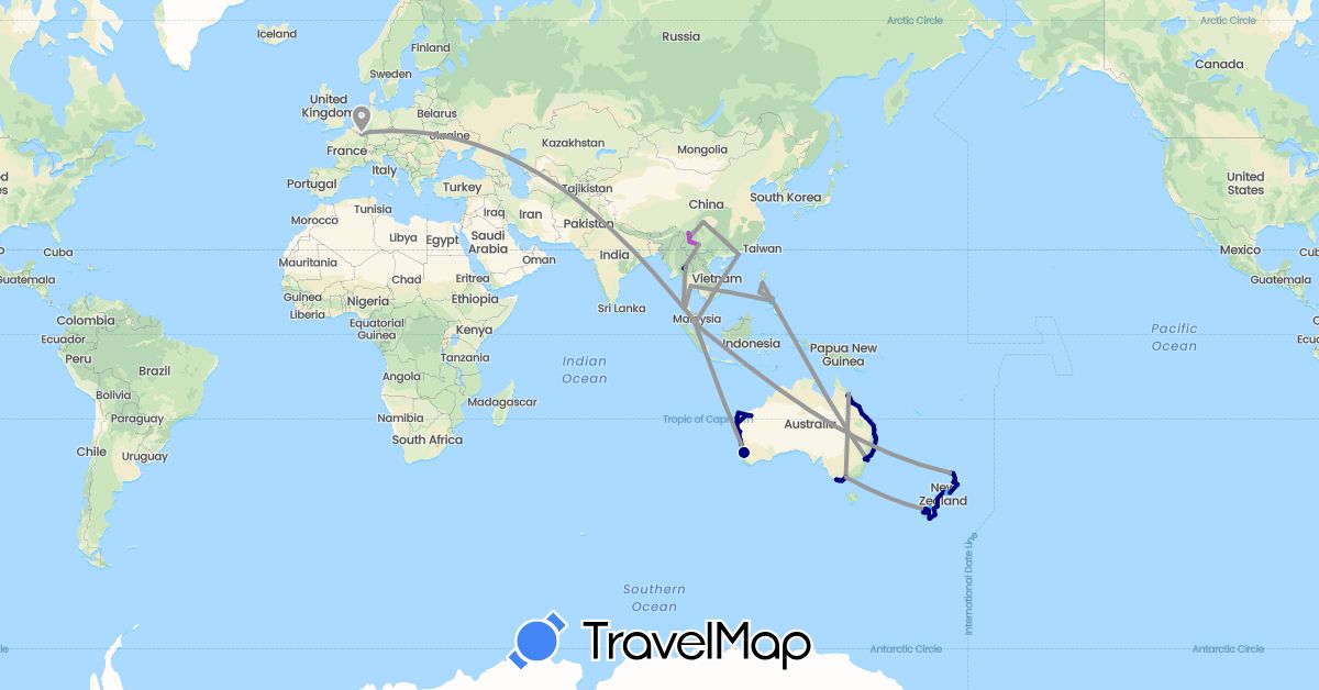 TravelMap itinerary: driving, bus, plane, train, boat in Australia, China, Germany, Luxembourg, New Zealand, Philippines, Singapore, Thailand (Asia, Europe, Oceania)